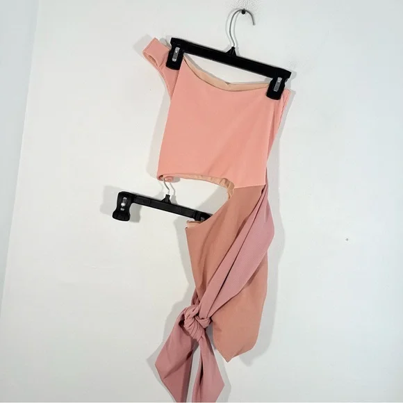 Beach Riot Carlie Blush Pink Ribbed One Shoulder Side Tie One Piece Swim Medium - Picture 9 of 13